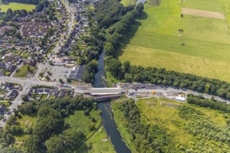Aerial view, construction site and new construction of a bridge on Werner Straße over the river