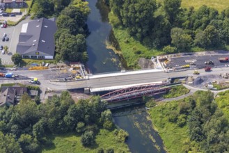 Aerial view, construction site and new construction of a bridge on Werner Straße over the river