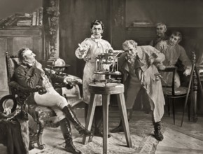 Joseph von Fraunhofer demonstrating the spectroscope, on left Joseph von Utzschneider, on right