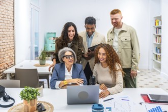 Multigenerational and diverse business team members working together, discussing ideas, and looking