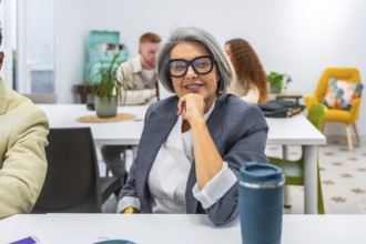 Experienced senior businesswoman smiling confidently during a meeting in a modern office,