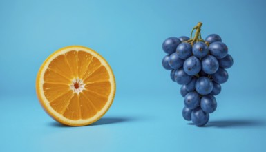 A halved orange and a bunch of dark blue grapes are set against a bright, solid blue backdrop,