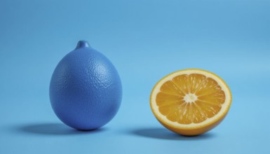 A vibrant image showcasing a blue lemon next to a half-cut orange, set against a bright blue
