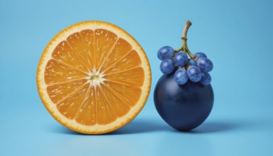 A close-up shot features a juicy orange slice next to a bunch of grapes, set against a bright blue