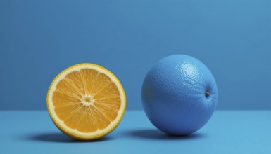A sliced orange sits next to a blue painted orange, creating a striking color contrast against a
