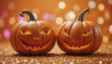 Close-up shot of two jack-o'-lanterns with carved faces, set against a blurred orange background
