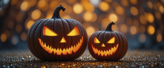 Two carved pumpkins with illuminated faces sit on a glittery surface, set against a blurred