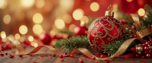 A close-up shot of a red Christmas ornament with gold embellishments, a golden ribbon, and festive
