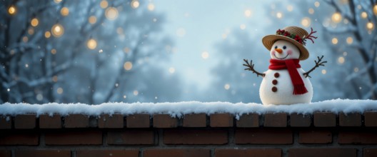 A cheerful snowman with a hat and scarf stands atop a brick wall, set against a snowy, bokeh-filled