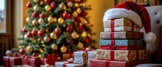 A festive scene with a stack of wrapped presents and a Santa hat, next to a decorated Christmas