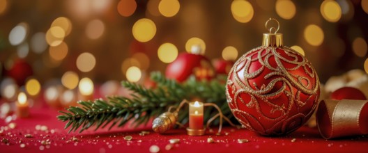 A close-up shot of a red Christmas ornament with gold detailing, surrounded by festive decorations,