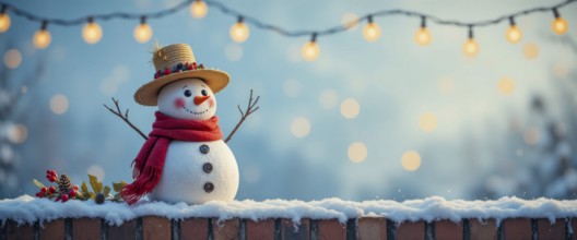 A charming snowman, adorned with a hat and scarf, stands on a snow-covered brick wall, illuminated