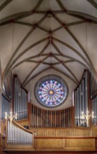 Interior view, organ, organ loft, rose window, rose window, Evangelische Stadtkirche, Bad