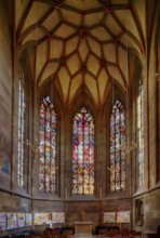 Interior view, choir, altar, stained glass window, Evangelische Stadtkirche, Bad Cannstatt,
