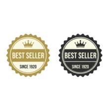 Two best seller badges, one gold and one black, each featuring a crown and text indicating 'Best