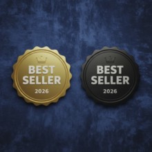 Two best seller badges, one gold and one black, are displayed against a textured blue background,