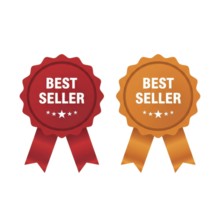 Two best seller badges are displayed, one red and one orange, each with a ribbon and stars, perfect