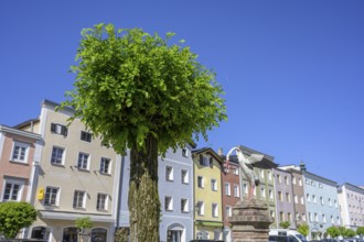 Main square with stork fountain, Tittmoning, Bavaria, Germany