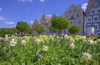 Park and old town houses, Landshut, Bavaria, Germany