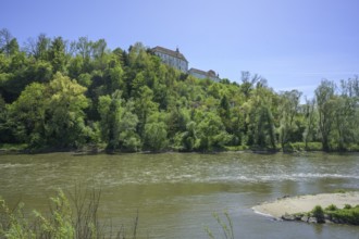 Mura River with a view of Oberradkersburg Castle in Slovenia, Bad Radkersburg, Styria, Austria