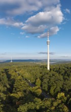 View of the television tower with dense forest and clear sky, soft clouds above,