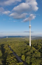 View of a television tower above a dense forest, surrounded by soft clouds in the sky,