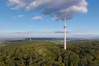 Television tower rises above a dense forest under a clear, slightly cloudy sky,