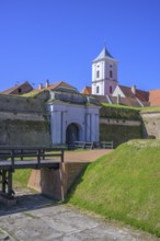 Fortress with church tower and entrance gate of, Tvrda, Osijek, Osijek-Baranja County, Croatia