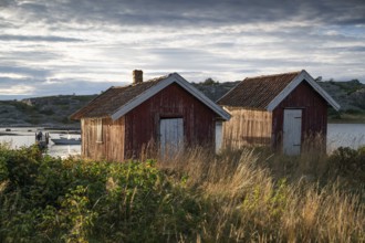 Falun red or Swedish red boathouses, Resö Island, Bohuslän, Skagerrak, Sotenäs, Västra Götalands