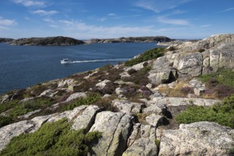 Boat sailing through archipelago, Resö Island, Bohuslän, Skagerrak, Sotenäs, Västra Götalands län,
