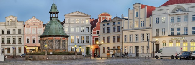 Marketplace illuminated Panorama Wismar Baltic Sea Germany