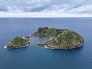 Vila Franca Islet and Atlantic Ocean. Azores, Sao Miguel Island. Portugal. Aerial Drone Shot