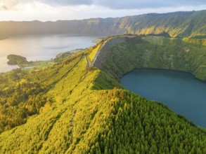 Lake Santiago and Blue Lake. Sete Cidades Caldera at Sunset. Lush Green Hills with Trees. Azores,