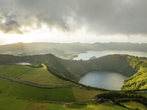 Sete Cidades Caldera at Sunset. Blue Lake and Santiago Lake. Azores, Sao Miguel Island. Portugal.