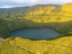 Lake Santiago. Sete Cidades Caldera at Sunset. Lush Green Hills. Azores, Sao Miguel Island.