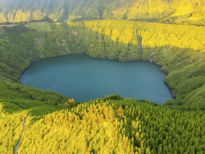 Lake Santiago. Sete Cidades Caldera at Sunset. Lush Green Hills with Forest. Azores, Sao Miguel