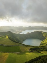 Sete Cidades Caldera. Blue Lake and Santiago Lake. Azores, Sao Miguel Island. Portugal. Clouds and