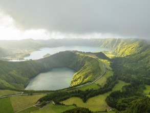 Sete Cidades Massif. Blue Lake and Santiago Lake. Azores, Sao Miguel Island. Portugal. Clouds and