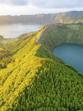 Lake Santiago and Blue Lake. Sete Cidades Caldera at Sunset. Lush Green Hills with Forest. Azores,
