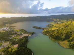 Sete Cidades Caldera at Sunset. Blue Lake and Green Lake. Azores, Sao Miguel Island. Portugal.