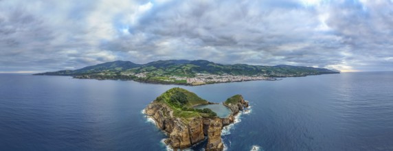 Horizontal Panorama of Vila Franca Islet, Vila Franca Do Campo Town, Dramatic Sky and Atlantic