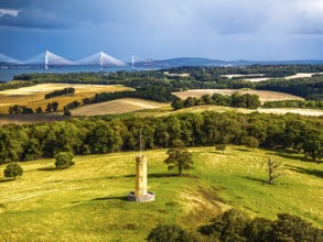 Binns Tower over Scotish farms and Forth Estuary from drone, House of the Binns, Linlithgow,