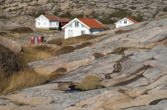 White houses, Bohus granite, rocky coast, Ramsvik, Ramsviklandet nature reserve, Bohuslän,