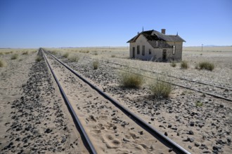 Railway tracks at the old German railway station of Garub, near Aus, Karas Region, Namibia