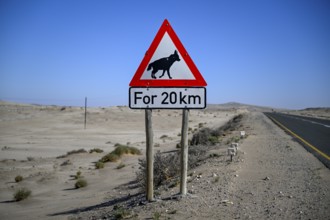 Sign warning of brown hyenas or beach wolves (Parahyaena brunnea), near Lüderitz, Karas Region,