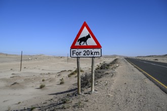 Sign warning of brown hyenas or beach wolves (Parahyaena brunnea), near Lüderitz, Karas Region,