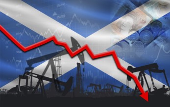 Petroleum crisis with Scotland flag on financial graph. Fall oil price with flag of Scotland on