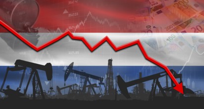 Fall oil price with flag of Netherlands on economic chart, Petrol crisis with Netherlands flag on