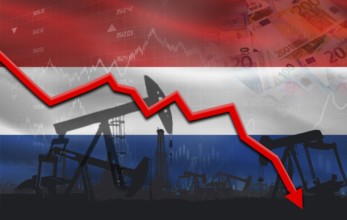 Petroleum crisis with Netherlands flag on financial graph. Fall oil price with flag of Netherlands
