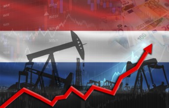 Oil production with Netherlands flag, petrol industry. Oil pumps with Netherlands flag